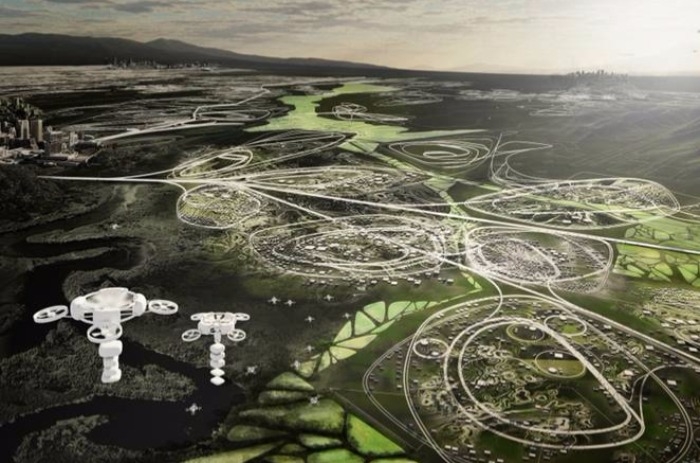 A vision of the future with self-driving cars, drones, hyperloops and infinite suburbia