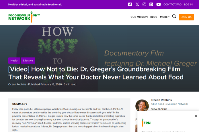 How Not to Die: Dr. Greger’s Groundbreaking Film That Reveals What Your Doctor Never Learned About Food